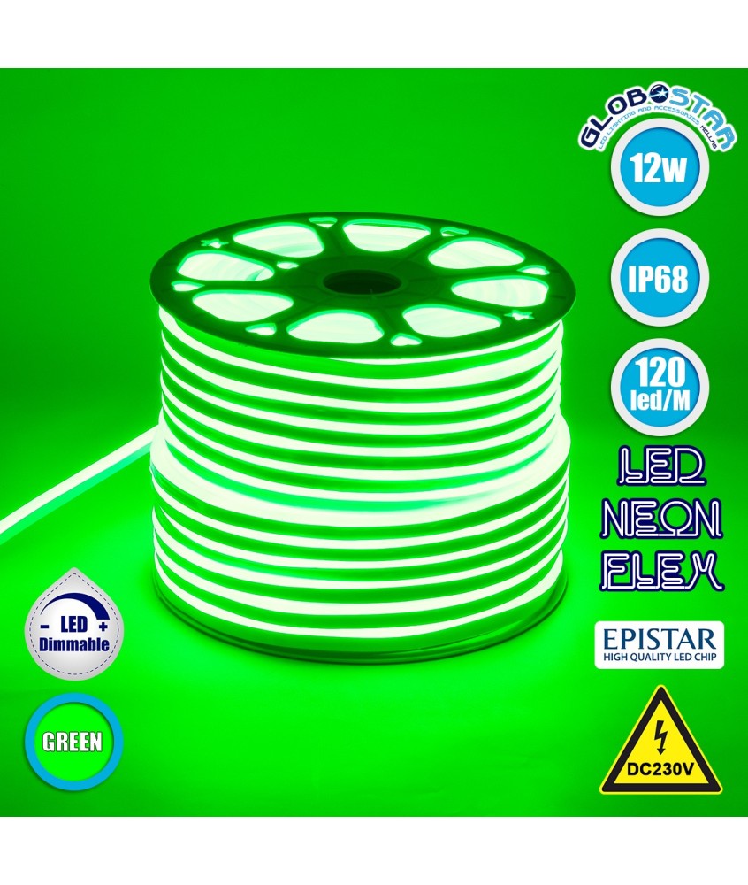 GLOBOSTAR® OVALE 70574 Ταινία Neon Flex LED 12W-m 600lm-m 120° DC 220-240V Αδιάβροχο IP65 120 x SMD2835 Chip-m Πράσινο Dimmable - Sanan SMD Chip - Μ100 x Π0.8 x Υ1.6cm - 3 Χρόνια Εγγύηση